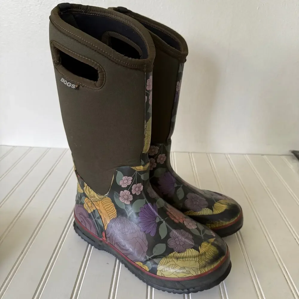BOGS Classic High Floral Waterproof Rain Boots Women’s Size 8 Olive Green